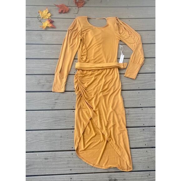 Young Fabulous & Broke Marigold Yellow Midi Drape Ruched Dress Backless Large - Picture 3 of 14
